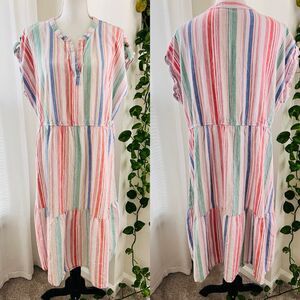 Time & Tru Colorful Striped Tiered Ruffle Linen Blend Boho Dress - Plus XXL (20)